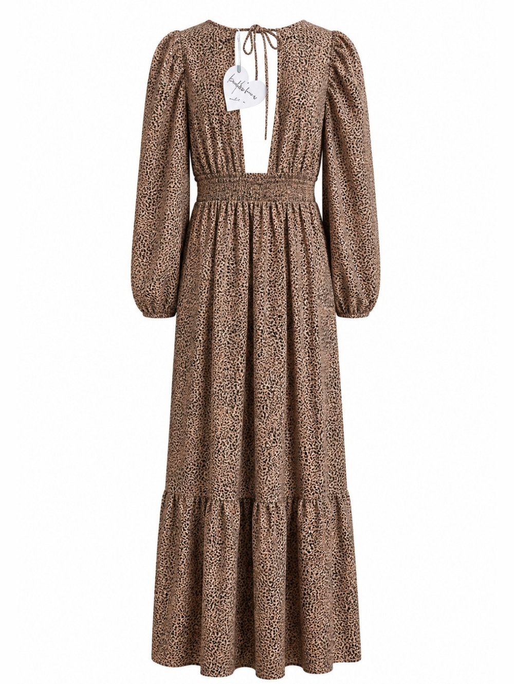 BuddyLove Leopard Maxi Dress XS NWT Boho Deep V Long Sleeve Smocked Waist - Picture 5 of 16